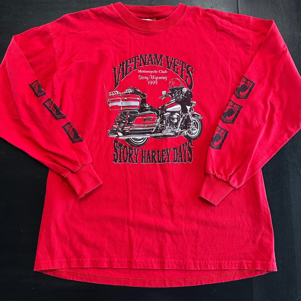 Vintage 1999 Vietnam Vets MC Story Harley Days Wyoming Long Sleeve Shirt Red XL